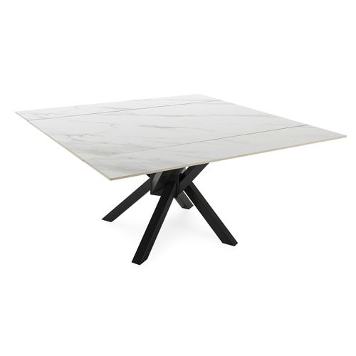 Table à Manger, Table De Repas Extensible Carrée En Pierre Frittée Coloris Blanc, Pieds En Métal