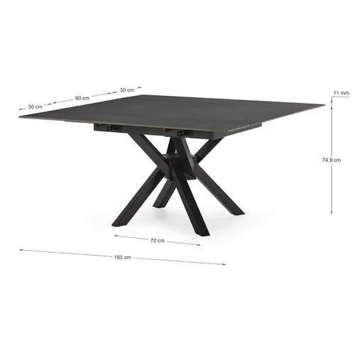 Table à Manger, Table De Repas Extensible Carrée En Pierre Frittée Coloris Noir, Pieds En Métal