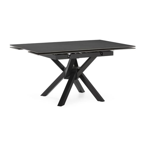 Table à Manger, Table De Repas Extensible Carrée En Pierre Frittée Coloris Noir, Pieds En Métal