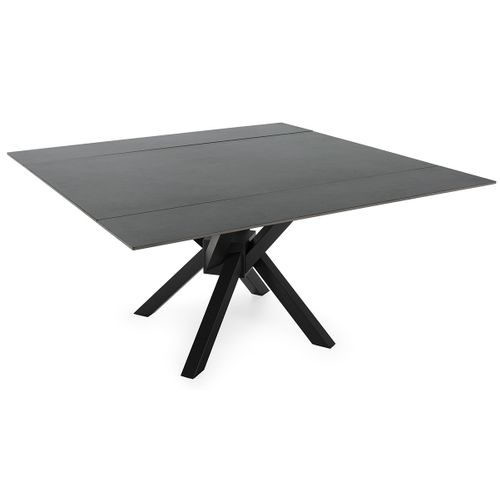 Table à Manger, Table De Repas Extensible Carrée En Pierre Frittée Coloris Noir, Pieds En Métal