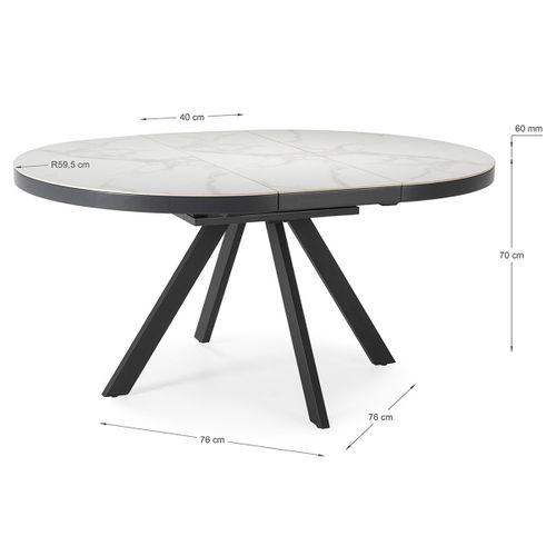 Table à Manger, Table De Repas Ronde Extensible En Céramique Coloris Blanc, Pieds Coloris Noir