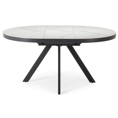 Table à Manger, Table De Repas Ronde Extensible En Céramique Coloris Blanc, Pieds Coloris Noir