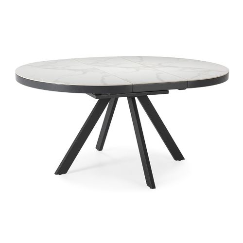 Table à Manger, Table De Repas Ronde Extensible En Céramique Coloris Blanc, Pieds Coloris Noir