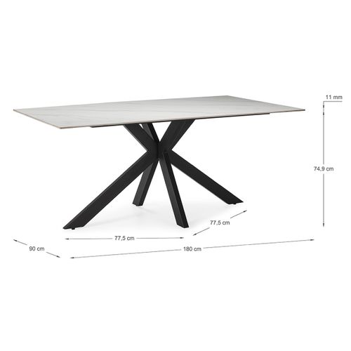 Table à Manger, Table De Repas Rectangulaire En Céramique Coloris Blanc, Pieds En Métal Noir