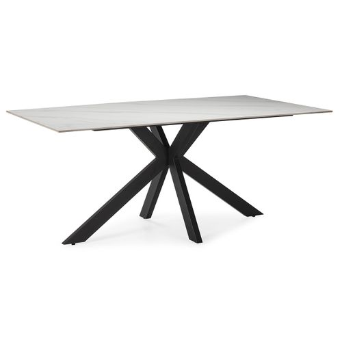 Table à Manger, Table De Repas Rectangulaire En Céramique Coloris Blanc, Pieds En Métal Noir