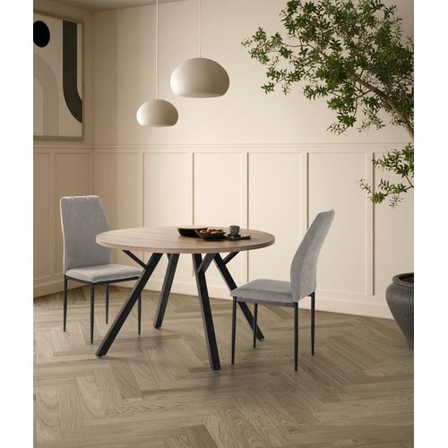 Table à Manger, Table De Repas Ronde Aspect Bois Naturel Et Pieds En Métal Noir