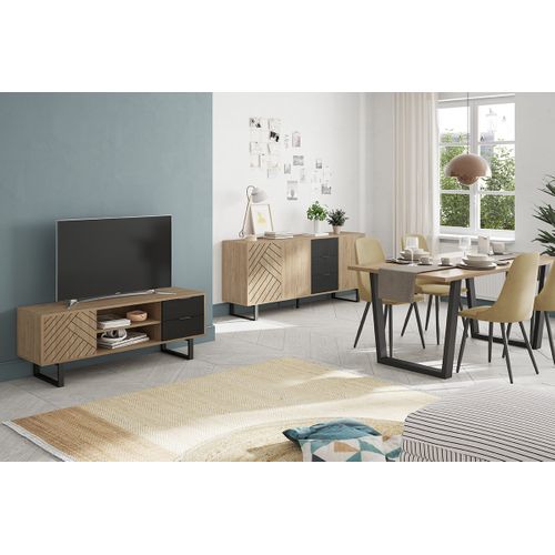 Table à Manger, Table De Repas Rectangulaire Aspect Bois Coloris Naturel, Pieds En Métal Noir