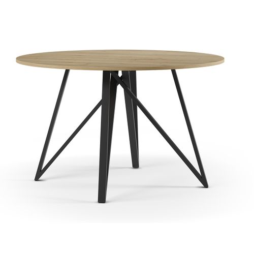 Table à Manger, Table De Repas Ronde Aspect Bois Coloris Chêne, Pieds En Métal Noir