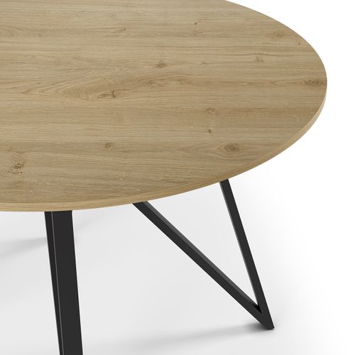 Table à Manger, Table De Repas Ronde Aspect Bois Coloris Chêne, Pieds En Métal Noir