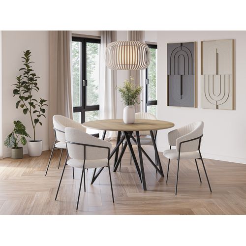 Table à Manger, Table De Repas Ronde Aspect Bois Coloris Chêne, Pieds En Métal Noir