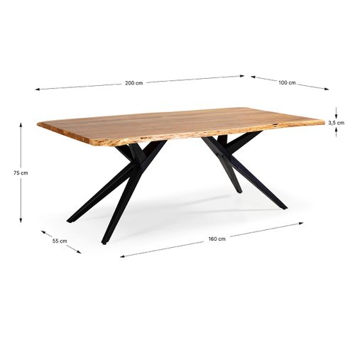Table à Manger, Table De Repas Rectangulaire En Acacia Coloris Naturel, Pieds En Métal Noir