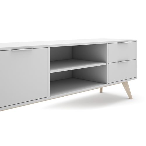 Meuble TV, Meuble De Salon Avec 2 Portes, 2 Niches Et 2 Tiroirs En Pin Coloris Blanc/naturel