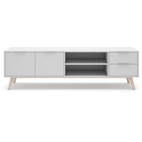 Meuble TV, Meuble De Salon Avec 2 Portes, 2 Niches Et 2 Tiroirs En Pin Coloris Blanc/naturel