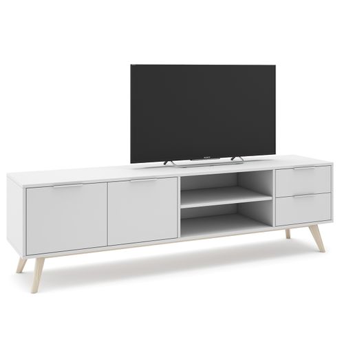 Meuble TV, Meuble De Salon Avec 2 Portes, 2 Niches Et 2 Tiroirs En Pin Coloris Blanc/naturel