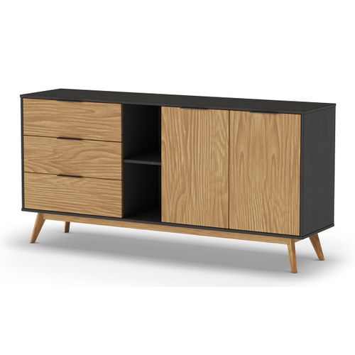 Buffet Avec 2 Portes Et 3 Tiroirs En Pin Coloris Naturel, Noir - L. 165 X P. 40 X H. 81 Cm