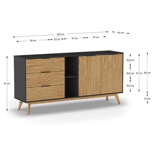Buffet Avec 2 Portes Et 3 Tiroirs En Pin Coloris Naturel, Noir - L. 165 X P. 40 X H. 81 Cm