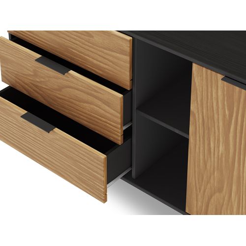 Buffet Avec 2 Portes Et 3 Tiroirs En Pin Coloris Naturel, Noir - L. 165 X P. 40 X H. 81 Cm