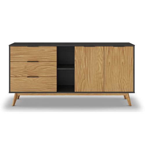 Buffet Avec 2 Portes Et 3 Tiroirs En Pin Coloris Naturel, Noir - L. 165 X P. 40 X H. 81 Cm