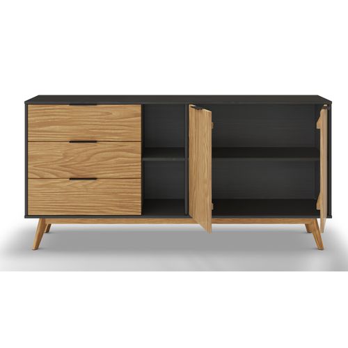 Buffet Avec 2 Portes Et 3 Tiroirs En Pin Coloris Naturel, Noir - L. 165 X P. 40 X H. 81 Cm