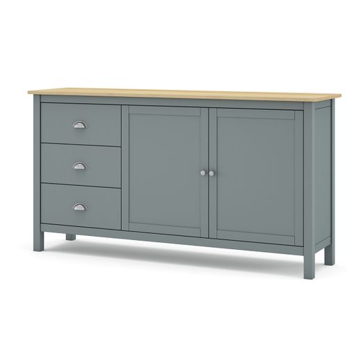 Buffet,commode Avec 2 Portes Et 3 Tiroirs Coloris Vert Kaki, Chêne - L. 150 X P. 40 X H. 80,5 Cm