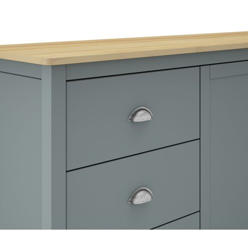 Buffet,commode Avec 2 Portes Et 3 Tiroirs Coloris Vert Kaki, Chêne - L. 150 X P. 40 X H. 80,5 Cm