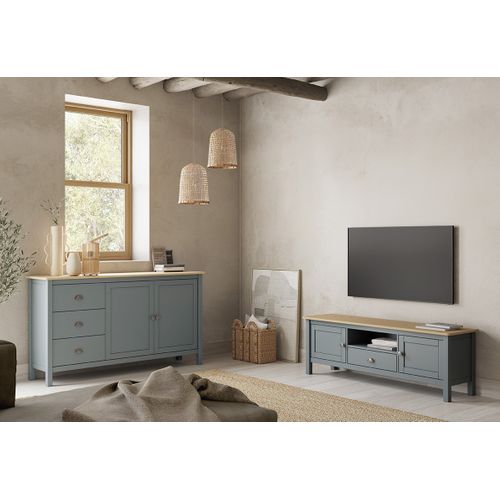 Buffet,commode Avec 2 Portes Et 3 Tiroirs Coloris Vert Kaki, Chêne - L. 150 X P. 40 X H. 80,5 Cm