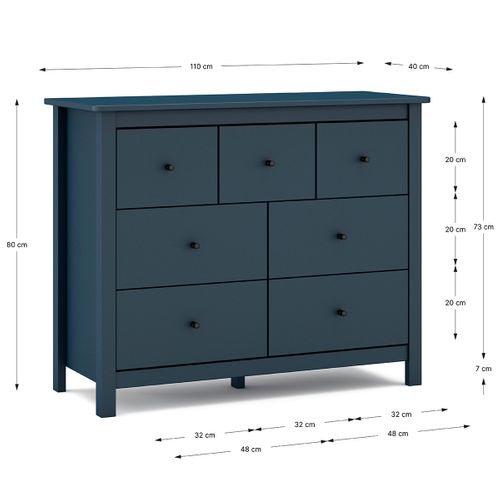Commode, Meuble De Rangement En Pin Avec 7 Tiroirs Coloris Bleu Marine - L. 110 X P. 40 X H. 80 Cm