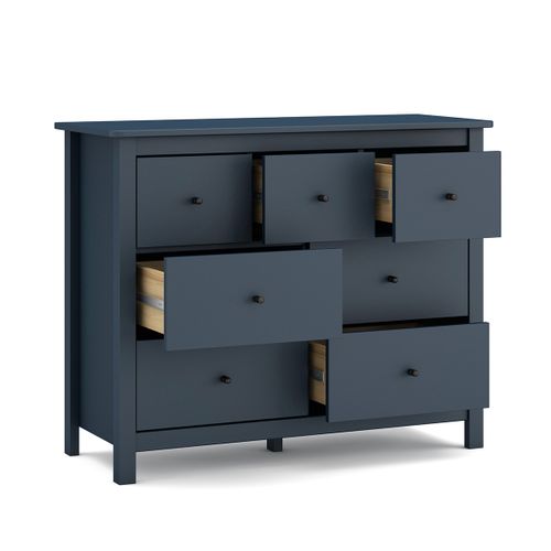 Commode, Meuble De Rangement En Pin Avec 7 Tiroirs Coloris Bleu Marine - L. 110 X P. 40 X H. 80 Cm