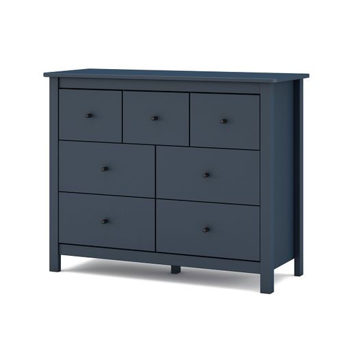 Commode, Meuble De Rangement En Pin Avec 7 Tiroirs Coloris Bleu Marine - L. 110 X P. 40 X H. 80 Cm