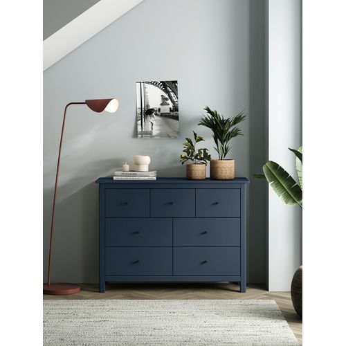Commode, Meuble De Rangement En Pin Avec 7 Tiroirs Coloris Bleu Marine - L. 110 X P. 40 X H. 80 Cm