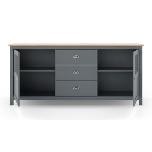 Buffet, Commode De Rangement Avec 3 Tiroirs Et 2 Portes En Pin Coloris Vert Kaki, Chêne