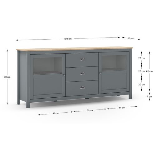 Buffet, Commode De Rangement Avec 3 Tiroirs Et 2 Portes En Pin Coloris Vert Kaki, Chêne