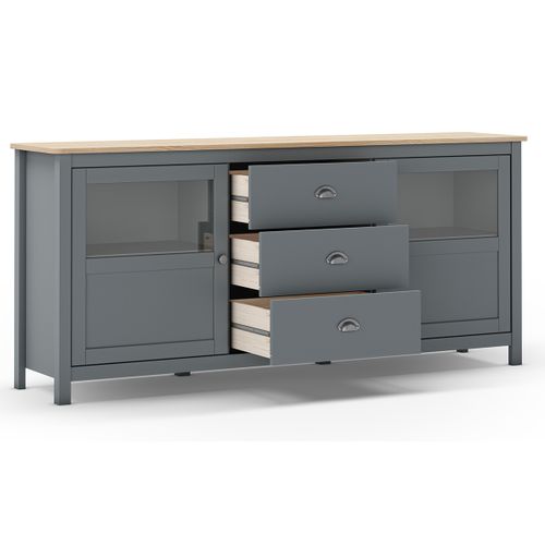 Buffet, Commode De Rangement Avec 3 Tiroirs Et 2 Portes En Pin Coloris Vert Kaki, Chêne