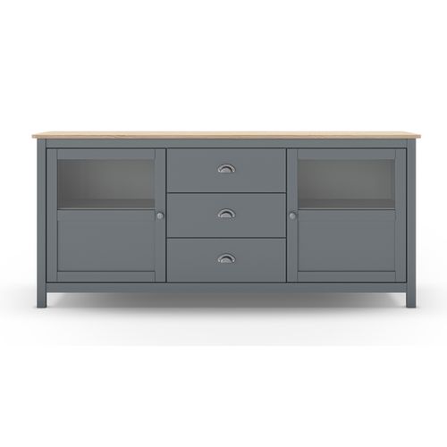 Buffet, Commode De Rangement Avec 3 Tiroirs Et 2 Portes En Pin Coloris Vert Kaki, Chêne