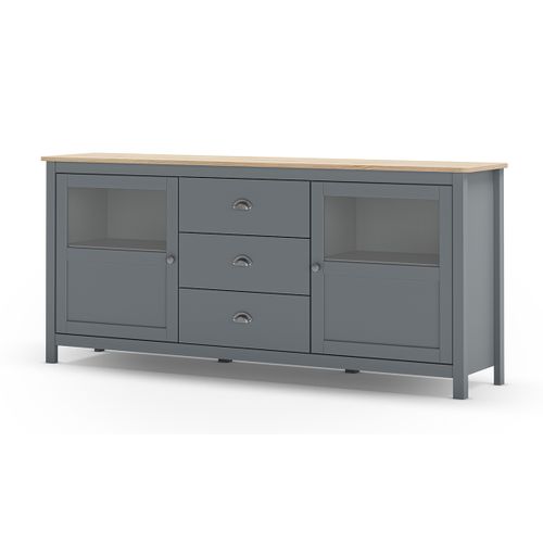 Buffet, Commode De Rangement Avec 3 Tiroirs Et 2 Portes En Pin Coloris Vert Kaki, Chêne