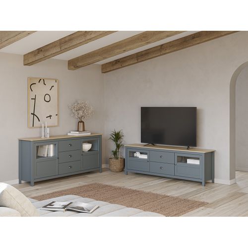 Buffet, Commode De Rangement Avec 3 Tiroirs Et 2 Portes En Pin Coloris Vert Kaki, Chêne