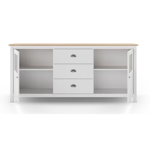 Buffet, Commode De Rangement Avec 3 Tiroirs Et 2 Portes En Pin Coloris Blanc, Chêne