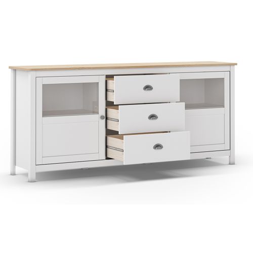 Buffet, Commode De Rangement Avec 3 Tiroirs Et 2 Portes En Pin Coloris Blanc, Chêne