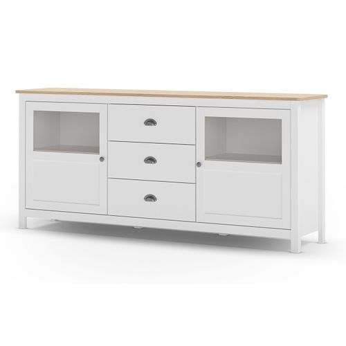 Buffet, Commode De Rangement Avec 3 Tiroirs Et 2 Portes En Pin Coloris Blanc, Chêne