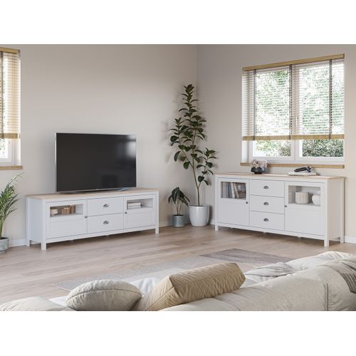 Buffet, Commode De Rangement Avec 3 Tiroirs Et 2 Portes En Pin Coloris Blanc, Chêne