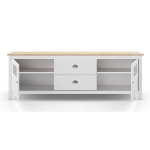 Buffet, Commode De Rangement Avec 2 Tiroirs Et 2 Portes En Pin Coloris Blanc, Chêne