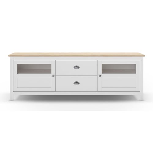 Buffet, Commode De Rangement Avec 2 Tiroirs Et 2 Portes En Pin Coloris Blanc, Chêne