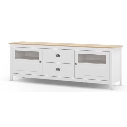 Buffet, Commode De Rangement Avec 2 Tiroirs Et 2 Portes En Pin Coloris Blanc, Chêne