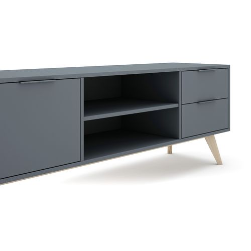 Meuble TV, Meuble De Salon Avec 2 Portes Et 2 Tiroirs Aspect Bois Coloris Vert Kaki, Pieds En Pin
