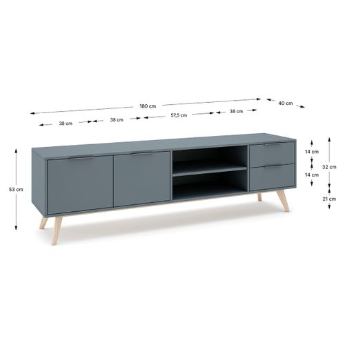 Meuble TV, Meuble De Salon Avec 2 Portes Et 2 Tiroirs Aspect Bois Coloris Vert Kaki, Pieds En Pin