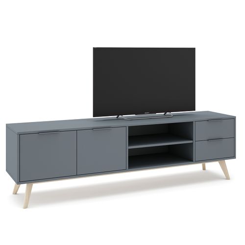 Meuble TV, Meuble De Salon Avec 2 Portes Et 2 Tiroirs Aspect Bois Coloris Vert Kaki, Pieds En Pin