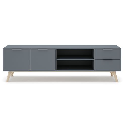 Meuble TV, Meuble De Salon Avec 2 Portes Et 2 Tiroirs Aspect Bois Coloris Vert Kaki, Pieds En Pin