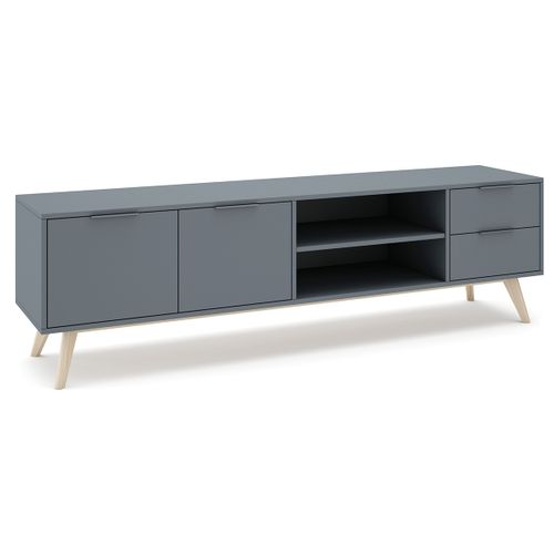 Meuble TV, Meuble De Salon Avec 2 Portes Et 2 Tiroirs Aspect Bois Coloris Vert Kaki, Pieds En Pin