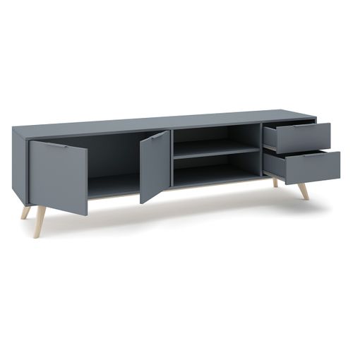 Meuble TV, Meuble De Salon Avec 2 Portes Et 2 Tiroirs Aspect Bois Coloris Vert Kaki, Pieds En Pin