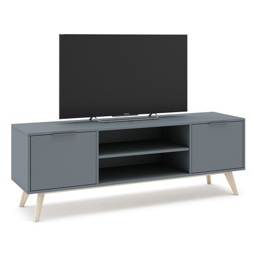 Meuble TV, Meuble De Salon Aspect Bois Avec 2 Portes Et 2 Niches Coloris Vert Kaki, Pieds En Pin
